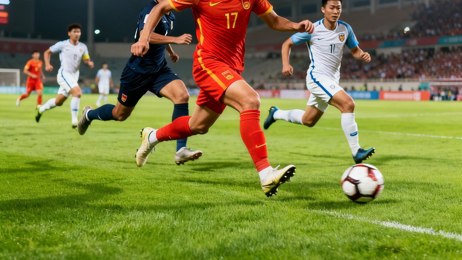 国足世预赛比赛直播画面，草皮上球员拼抢